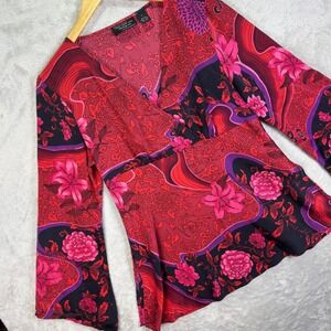 New York City Design Co. Women's Red Pink Silk Bell Sleeve Blouse Floral Sz L